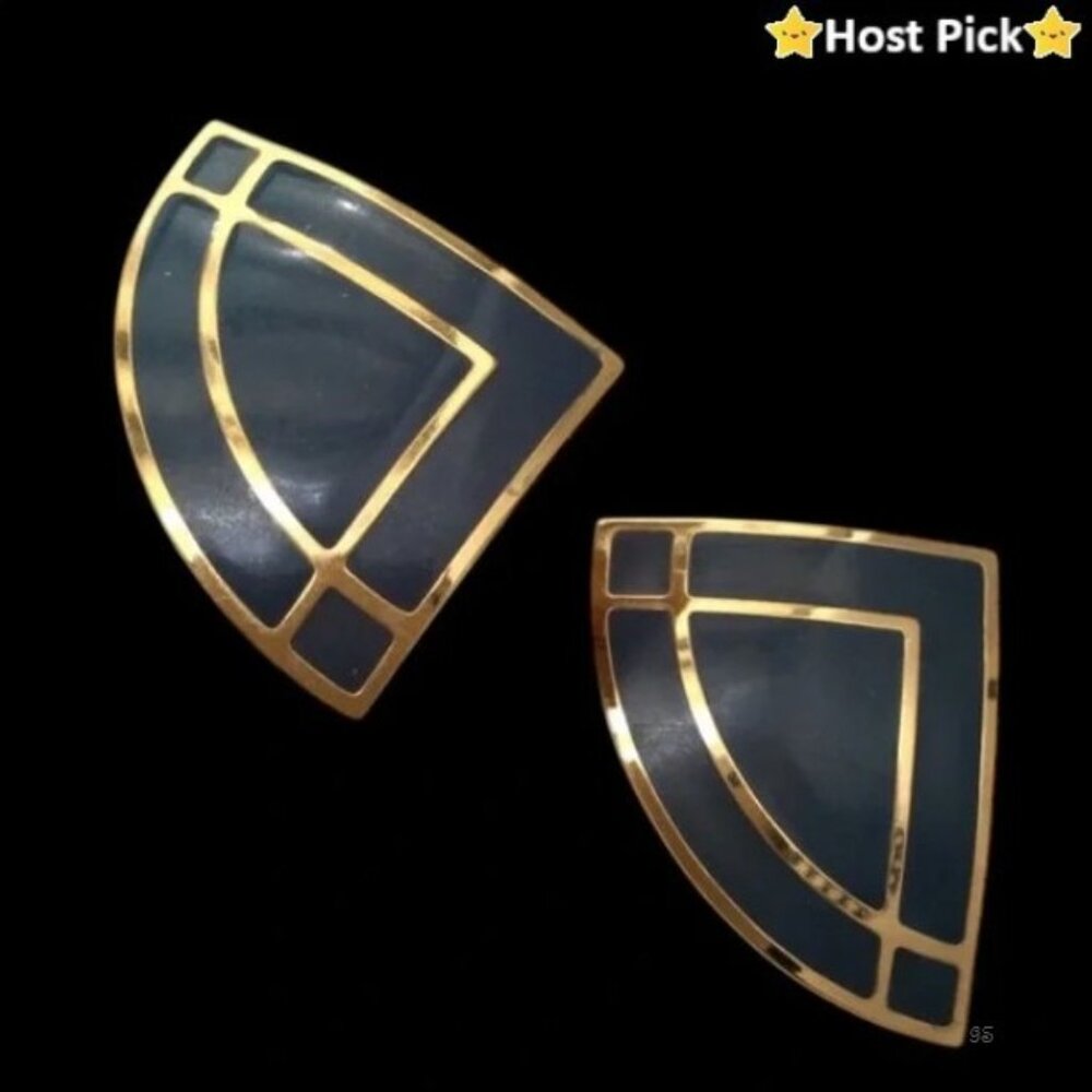 Vintage AVON Navy Enamel Gold Tone Geometric Stud Earrings